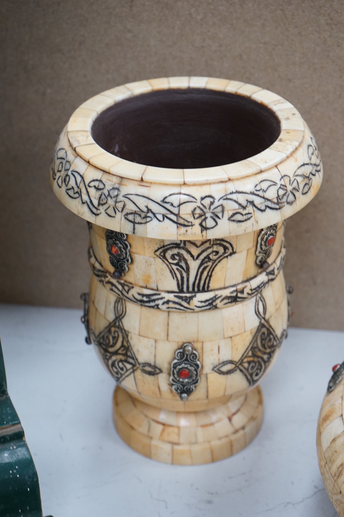 Four Indian camel bone veneered vases and boxes, tallest 30cm high